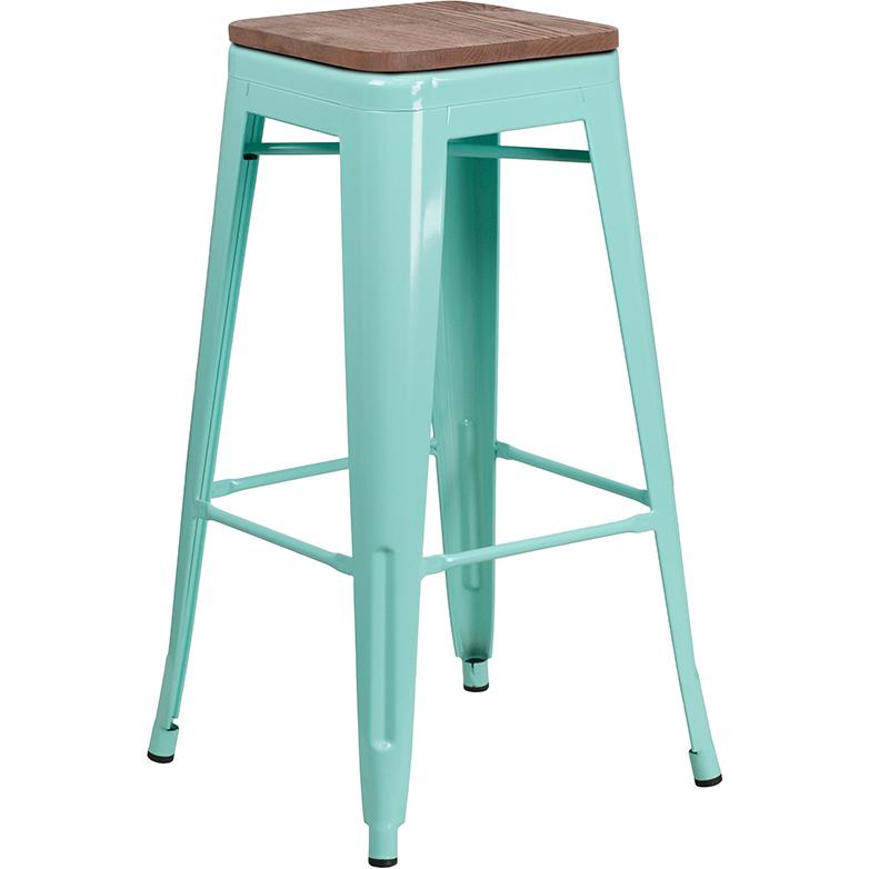 30" High Backless Mint Green Barstool with Square Wood Seat. Picture 1