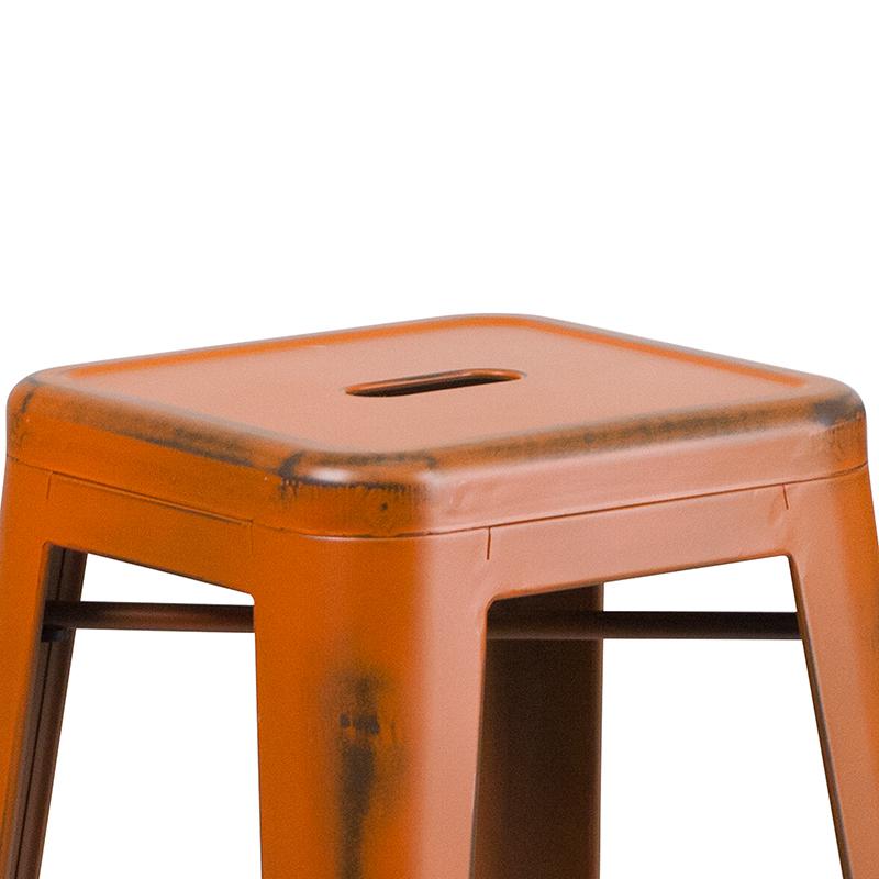 30" High Backless Distressed Orange Metal Indoor-Outdoor Barstool. Picture 7