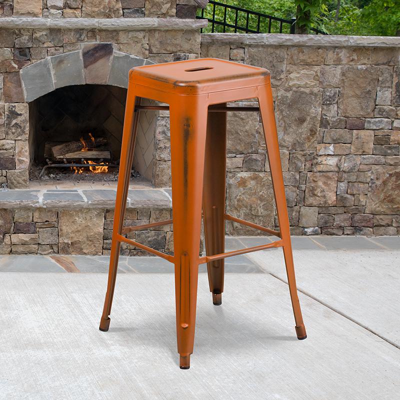30" High Backless Distressed Orange Metal Indoor-Outdoor Barstool. Picture 1