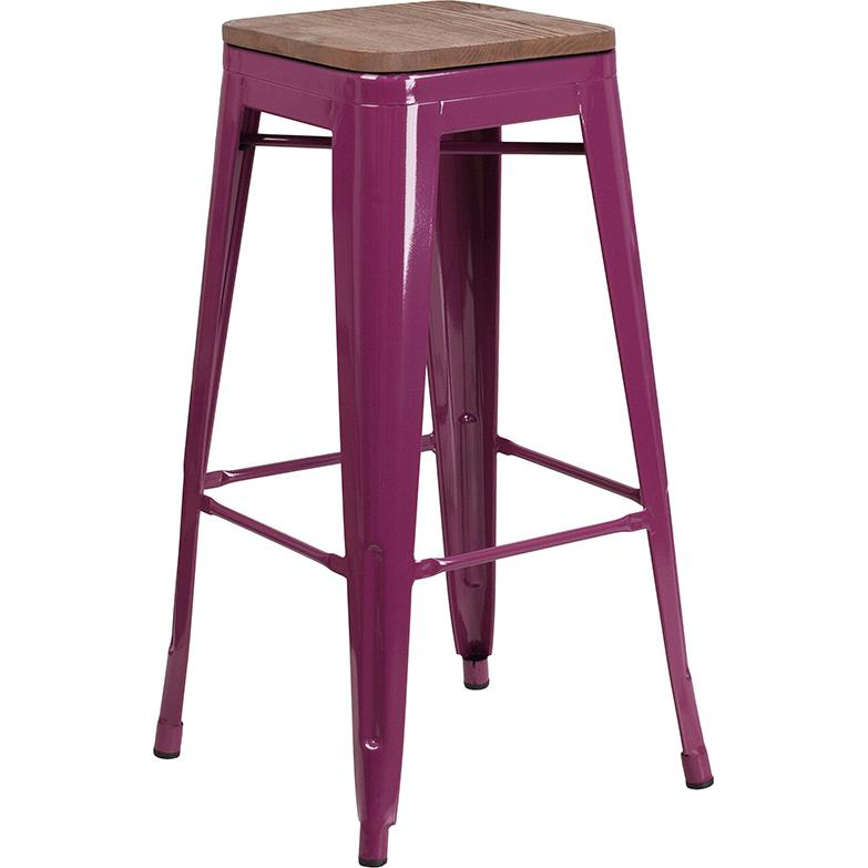 30" High Backless Purple Barstool with Square Wood Seat. Picture 2