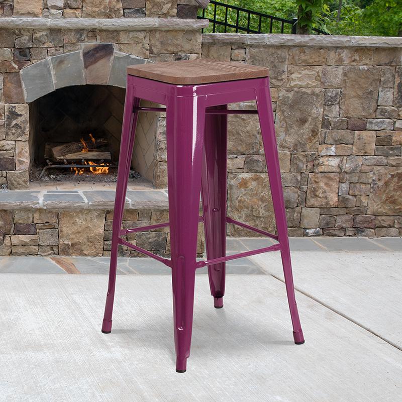 30" High Backless Purple Barstool with Square Wood Seat. Picture 1