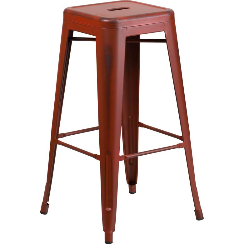 Commercial Grade 30" High Backless Distressed Kelly Red Metal Indoor-Outdoor Barstool. Picture 2