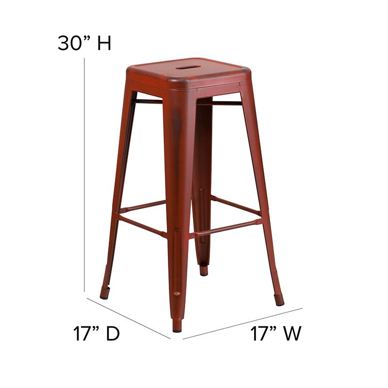 Commercial Grade 30" High Backless Distressed Kelly Red Metal Indoor-Outdoor Barstool. Picture 6
