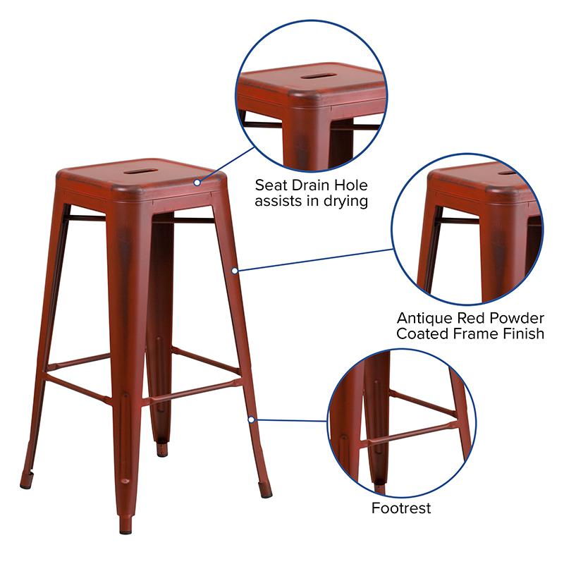 Commercial Grade 30" High Backless Distressed Kelly Red Metal Indoor-Outdoor Barstool. Picture 5