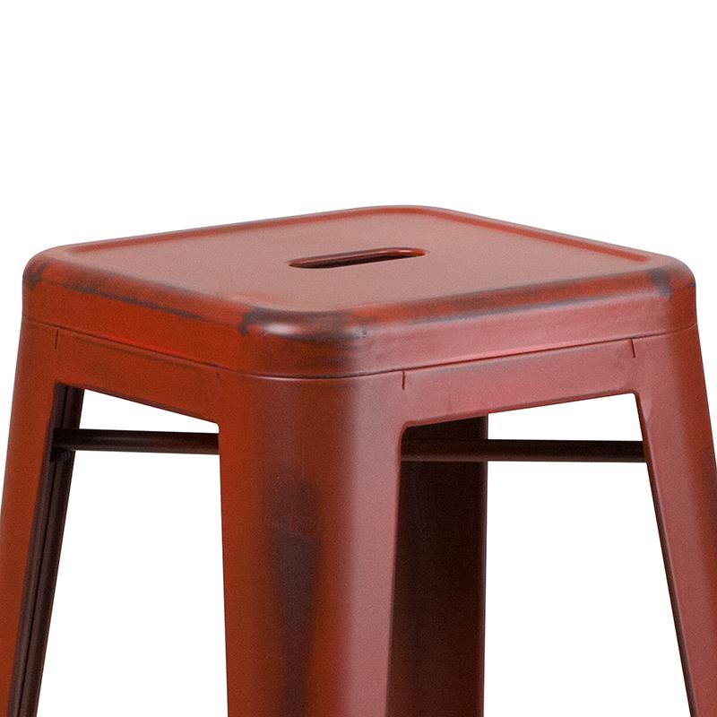 Commercial Grade 30" High Backless Distressed Kelly Red Metal Indoor-Outdoor Barstool. Picture 8