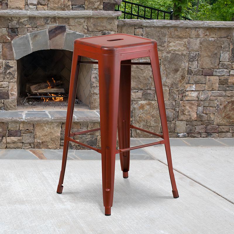Commercial Grade 30" High Backless Distressed Kelly Red Metal Indoor-Outdoor Barstool. Picture 1