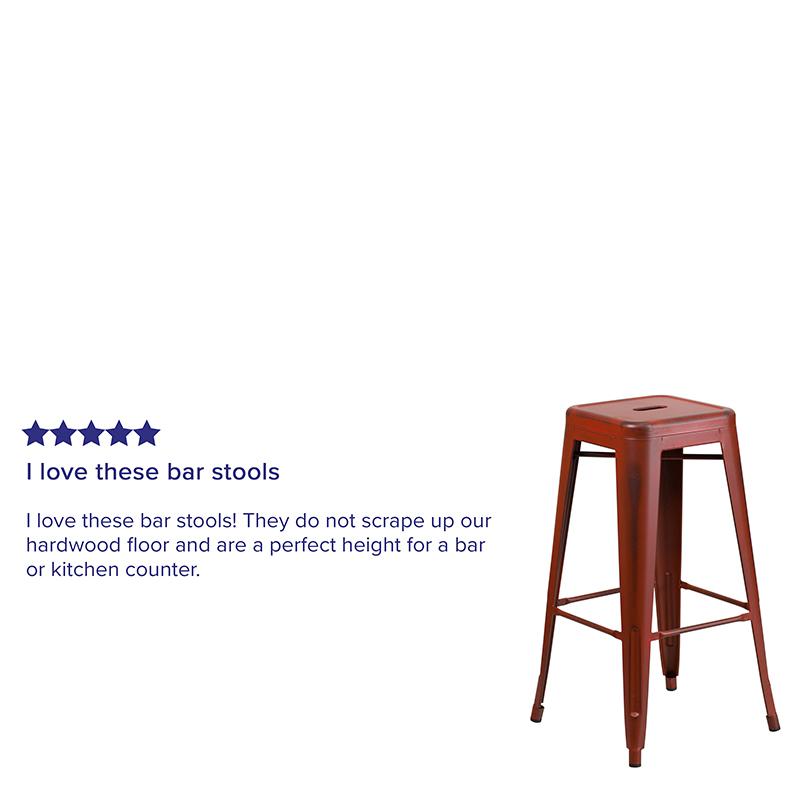 Commercial Grade 30" High Backless Distressed Kelly Red Metal Indoor-Outdoor Barstool. Picture 3