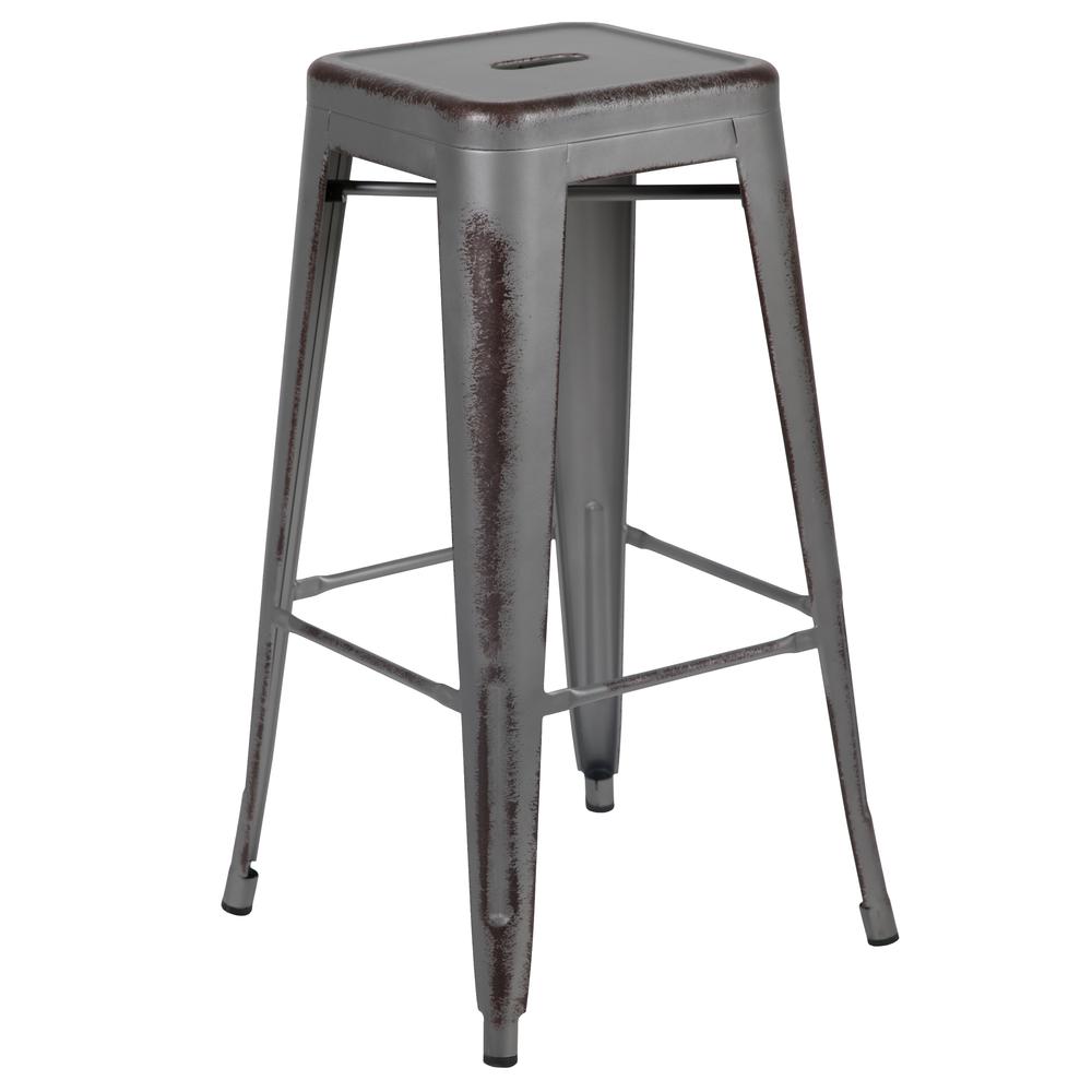 Commercial Grade 30" High Backless Distressed Silver Gray Metal Indoor-Outdoor Barstool. The main picture.