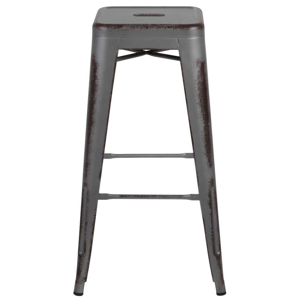 Commercial Grade 30" High Backless Distressed Silver Gray Metal Indoor-Outdoor Barstool. Picture 3