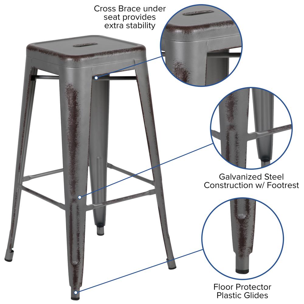 Commercial Grade 30" High Backless Distressed Silver Gray Metal Indoor-Outdoor Barstool. Picture 3