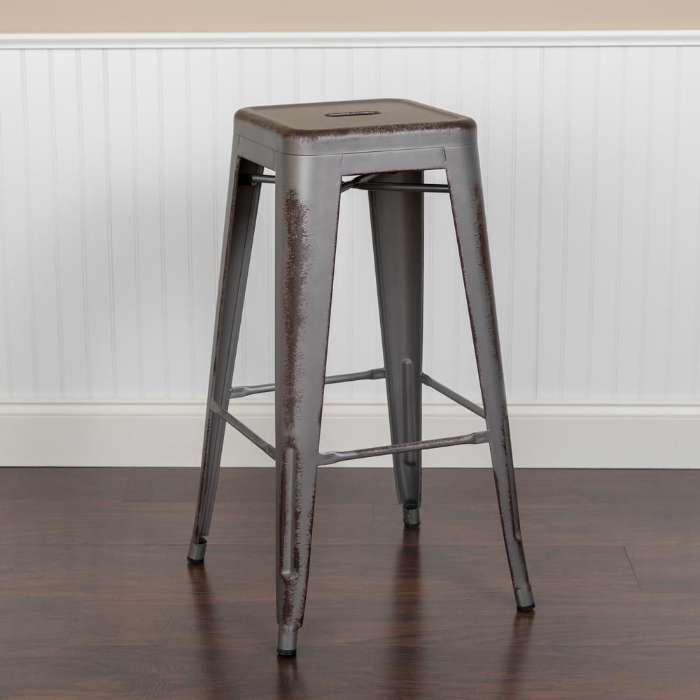 Commercial Grade 30" High Backless Distressed Silver Gray Metal Indoor-Outdoor Barstool. Picture 2