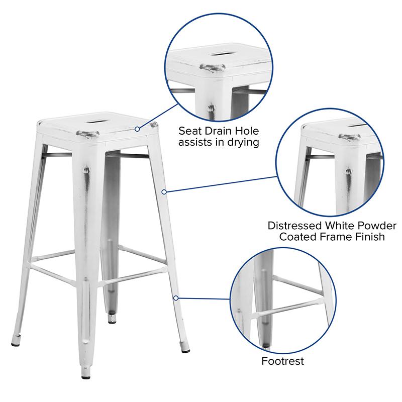 Commercial Grade 30" High Backless Distressed White Metal Indoor-Outdoor Barstool. Picture 5