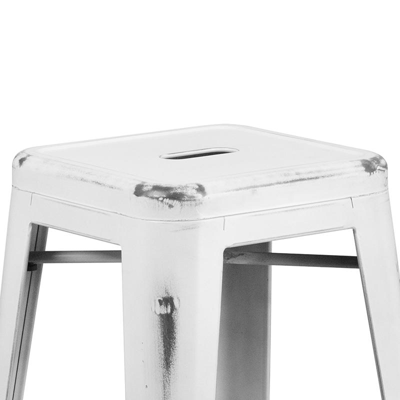 Commercial Grade 30" High Backless Distressed White Metal Indoor-Outdoor Barstool. Picture 8