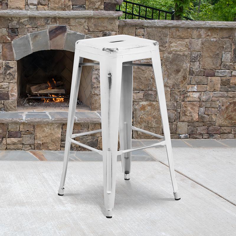Commercial Grade 30" High Backless Distressed White Metal Indoor-Outdoor Barstool. The main picture.