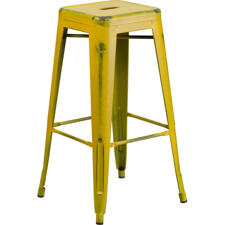 Commercial Grade 30" High Backless Distressed Yellow Metal Indoor-Outdoor Barstool. Picture 1