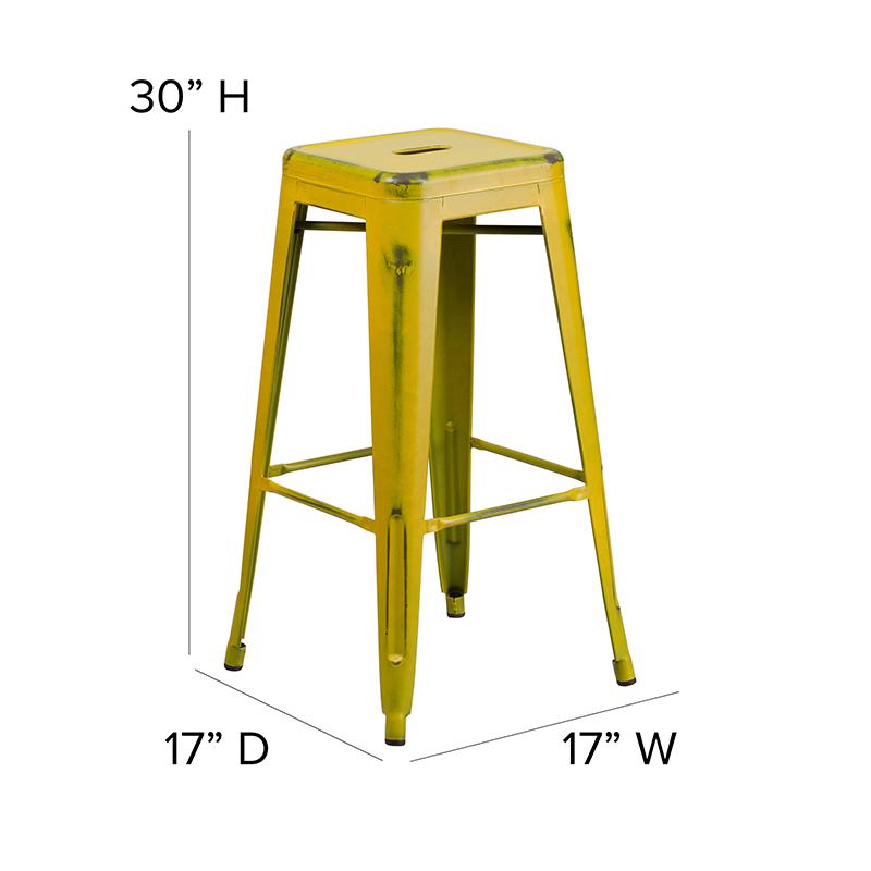 Commercial Grade 30" High Backless Distressed Yellow Metal Indoor-Outdoor Barstool. Picture 6