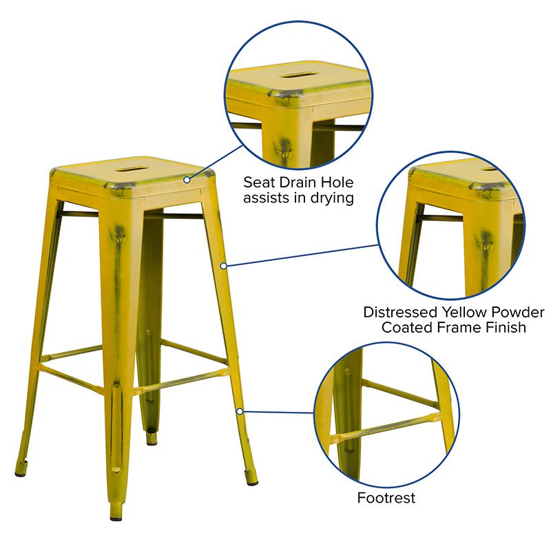 Commercial Grade 30" High Backless Distressed Yellow Metal Indoor-Outdoor Barstool. Picture 5