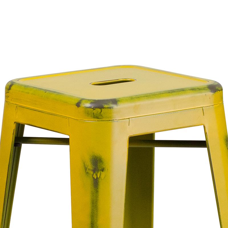 Commercial Grade 30" High Backless Distressed Yellow Metal Indoor-Outdoor Barstool. Picture 7