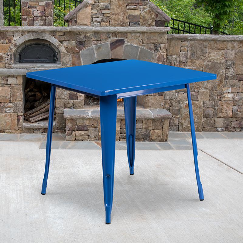 Commercial Grade 31.5" Square Blue Metal Indoor-Outdoor Table. Picture 1