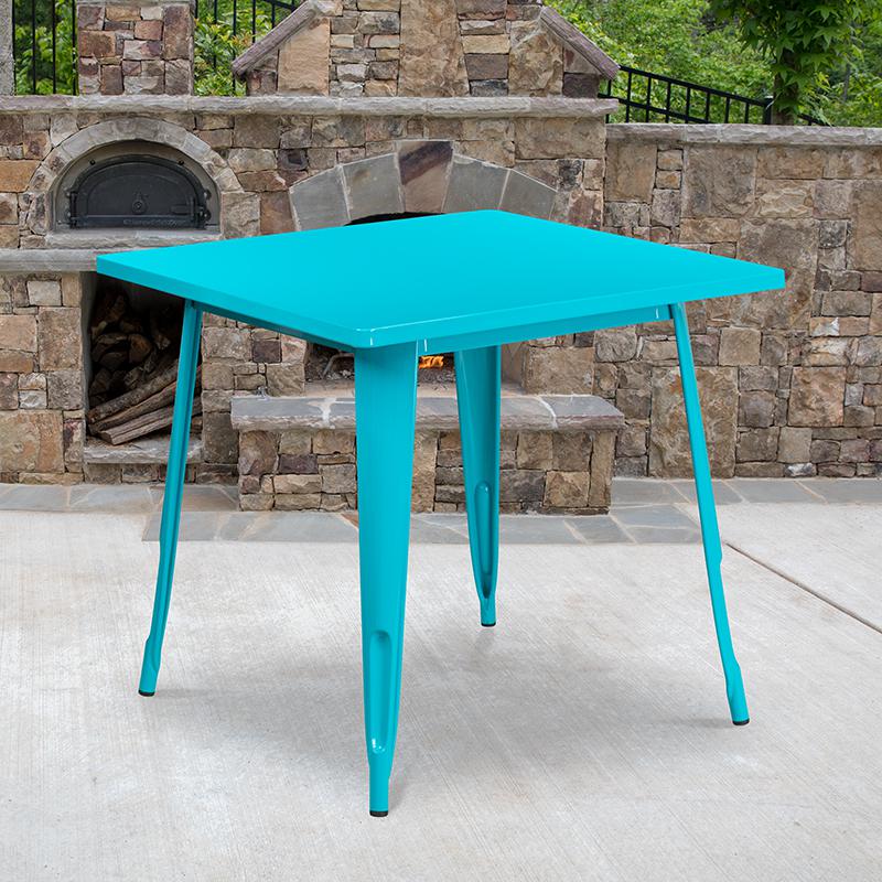 Commercial Grade 31.5" Square Crystal Teal-Blue Metal Indoor-Outdoor Table. Picture 1