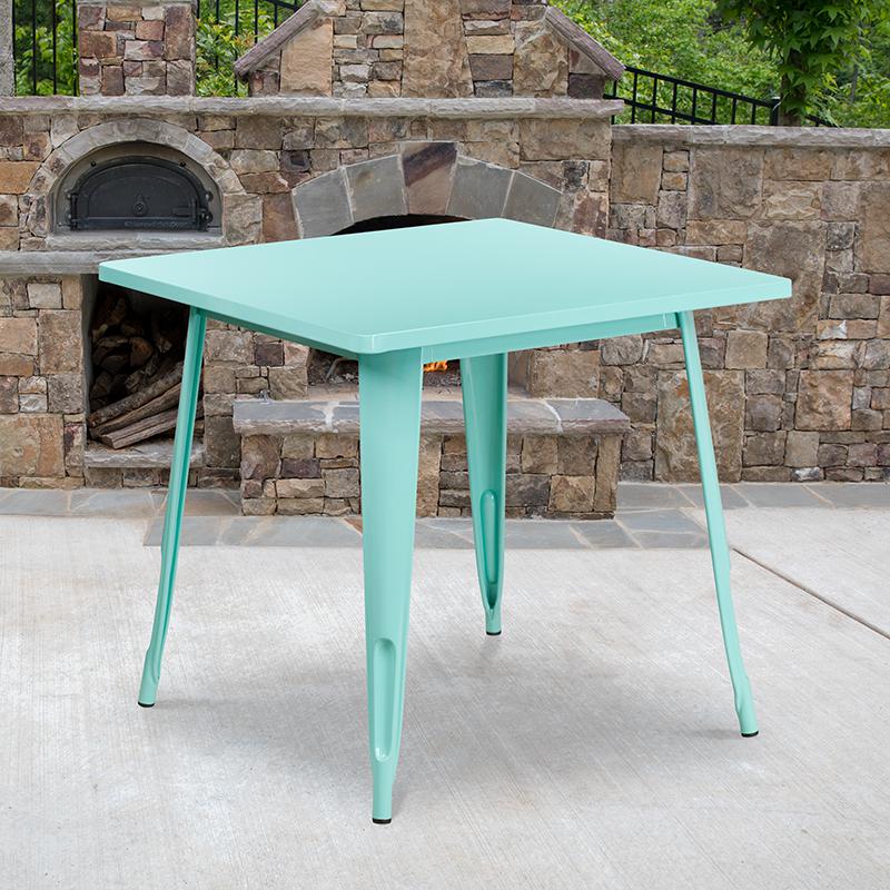 Commercial Grade 31.5" Square Mint Green Metal Indoor-Outdoor Table. Picture 1