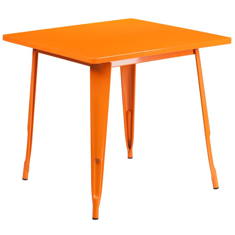 Commercial Grade 31.5" Square Orange Metal Indoor-Outdoor Table. Picture 2