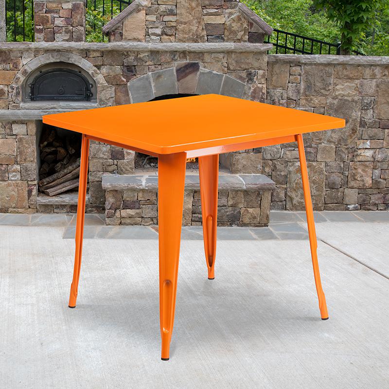 Commercial Grade 31.5" Square Orange Metal Indoor-Outdoor Table. Picture 1