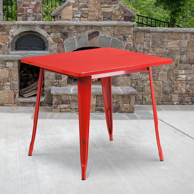 Commercial Grade 31.5" Square Red Metal Indoor-Outdoor Table. Picture 1