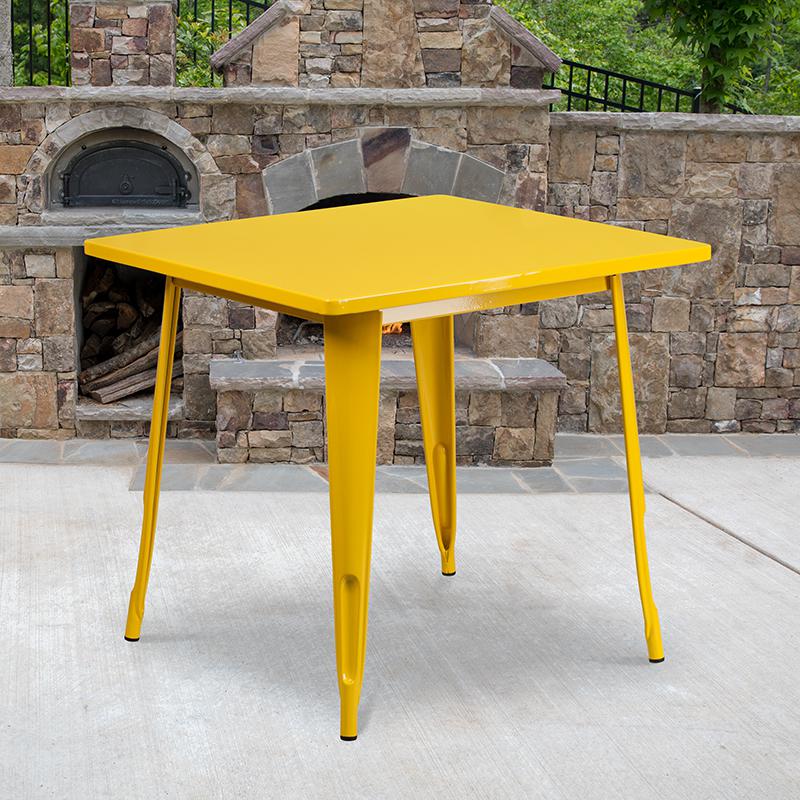 Commercial Grade 31.5" Square Yellow Metal Indoor-Outdoor Table. Picture 1