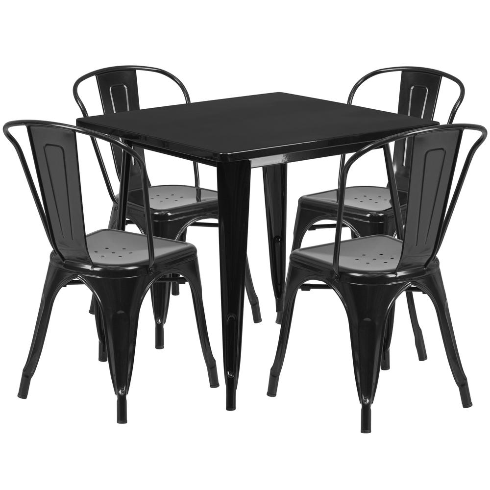 Commercial Grade 31.5" Square Black Metal Indoor-Outdoor Table Set with 4 Stack Chairs. Picture 2