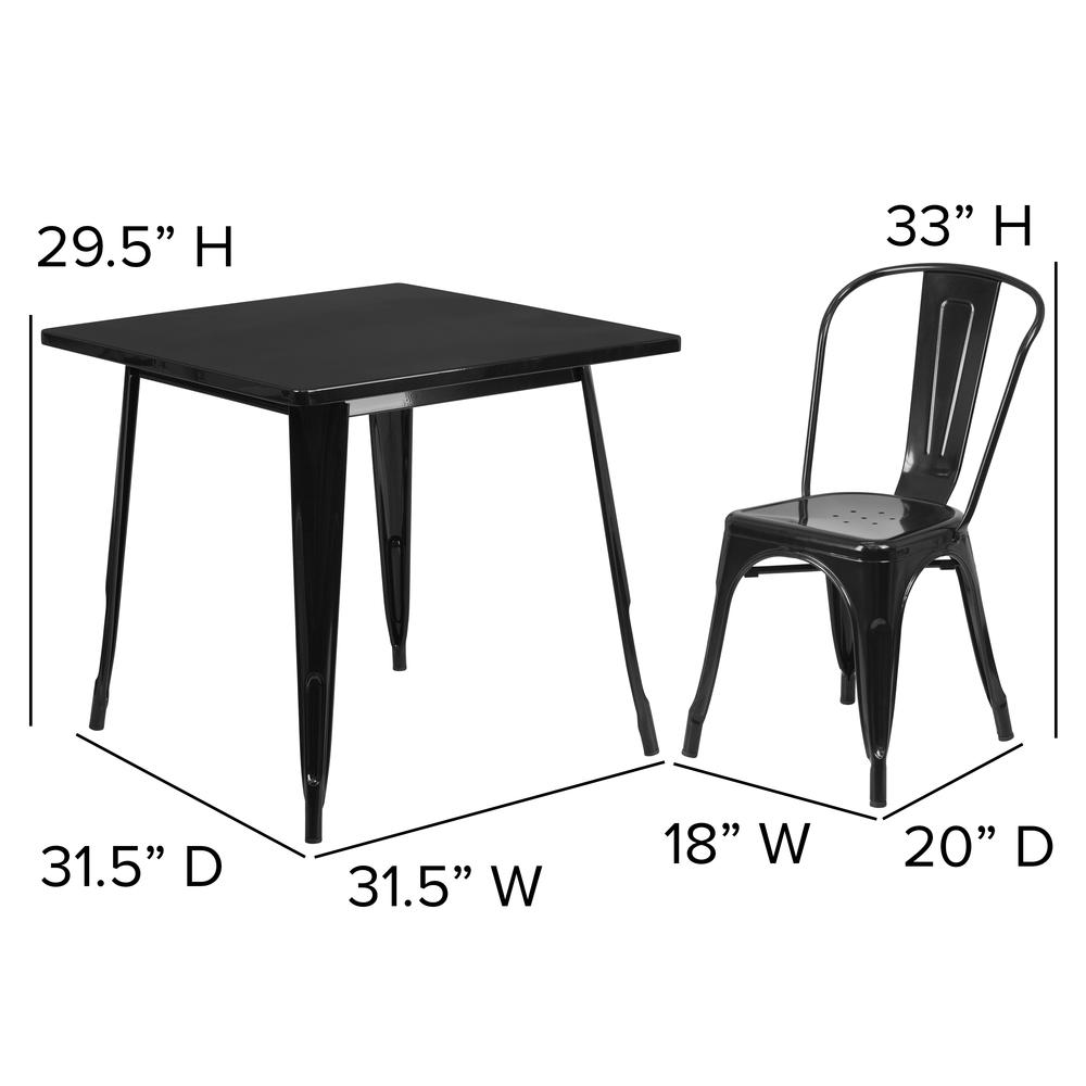 Commercial Grade 31.5" Square Black Metal Indoor-Outdoor Table Set with 4 Stack Chairs. Picture 2