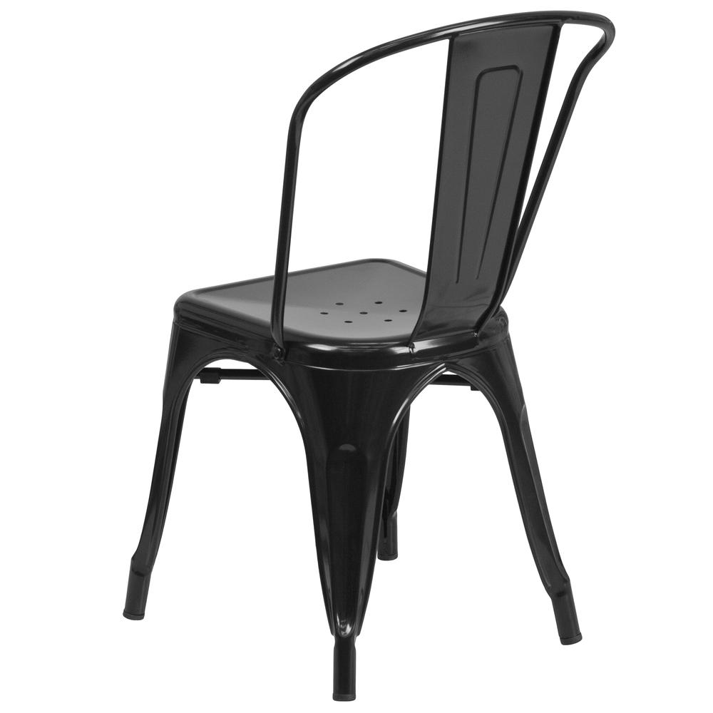 Commercial Grade 31.5" Square Black Metal Indoor-Outdoor Table Set with 4 Stack Chairs. Picture 5