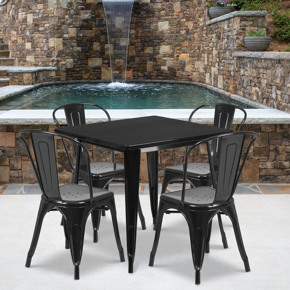 Commercial Grade 31.5" Square Black Metal Indoor-Outdoor Table Set with 4 Stack Chairs. Picture 1