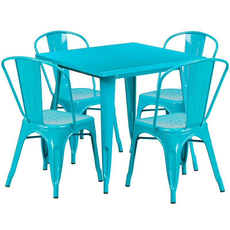 Commercial Grade 31.5" Square Crystal Teal-Blue Metal Indoor-Outdoor Table Set with 4 Stack Chairs. Picture 1