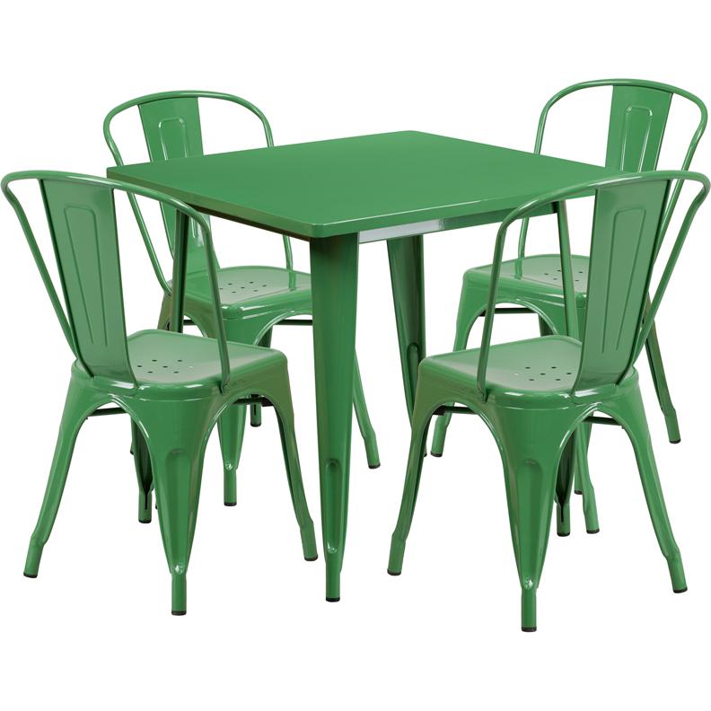 Commercial Grade 31.5" Square Green Metal Indoor-Outdoor Table Set with 4 Stack Chairs. Picture 1