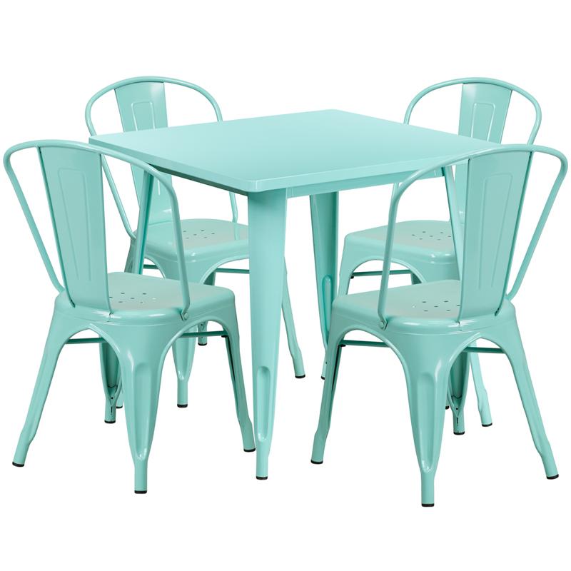 Commercial Grade 31.5" Square Mint Green Metal Indoor-Outdoor Table Set with 4 Stack Chairs. Picture 1