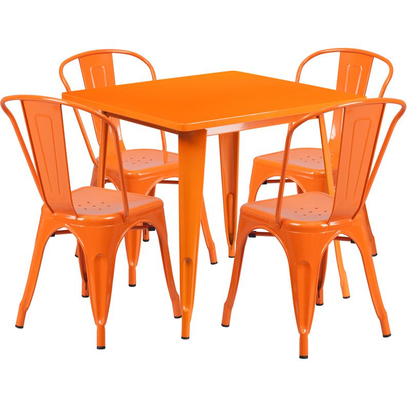 31.5" Square Orange Metal Indoor-Outdoor Table Set with 4 Stack Chairs. Picture 1