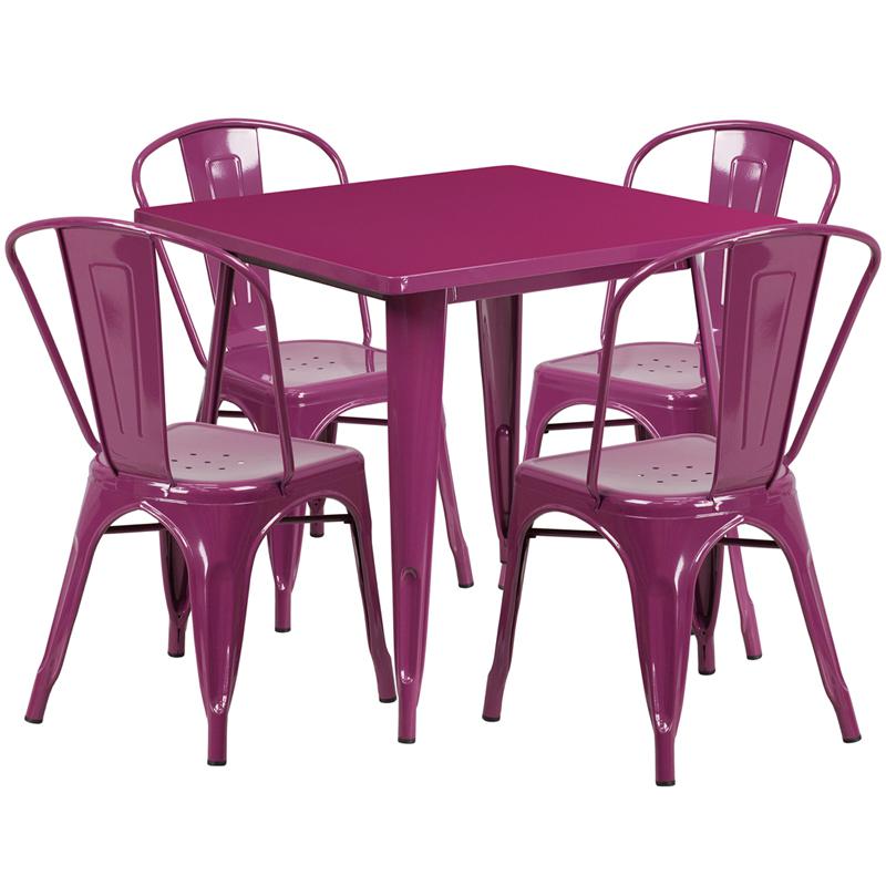 Commercial Grade 31.5" Square Purple Metal Indoor-Outdoor Table Set with 4 Stack Chairs. Picture 1
