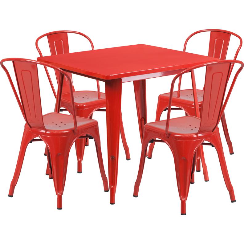 Commercial Grade 31.5" Square Red Metal Indoor-Outdoor Table Set with 4 Stack Chairs. Picture 1