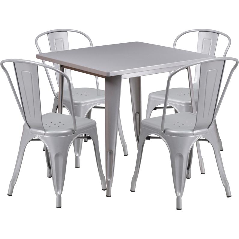 Commercial Grade 31.5" Square Silver Metal Indoor-Outdoor Table Set with 4 Stack Chairs. Picture 1