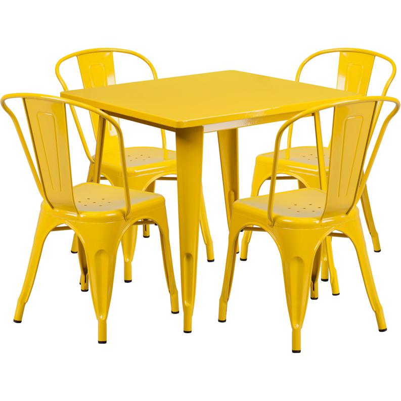 Commercial Grade 31.5" Square Yellow Metal Indoor-Outdoor Table Set with 4 Stack Chairs. The main picture.