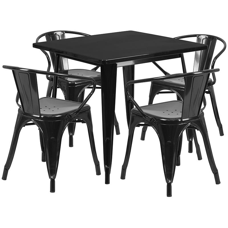 Commercial Grade 31.5" Square Black Metal Indoor-Outdoor Table Set with 4 Arm Chairs. Picture 1