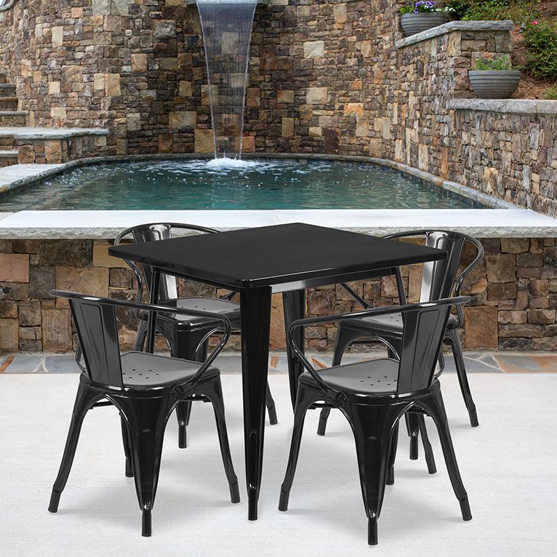 31.5" Square Black Metal Indoor-Outdoor Table Set with 4 Arm Chairs. Picture 1
