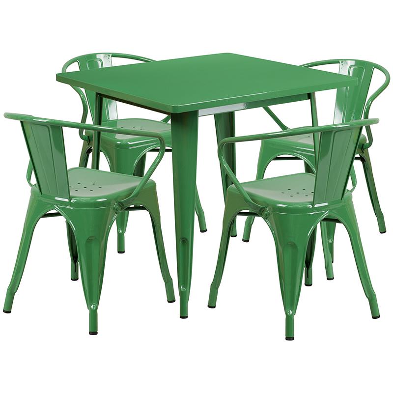 31.5" Square Green Metal Indoor-Outdoor Table Set with 4 Arm Chairs. Picture 2