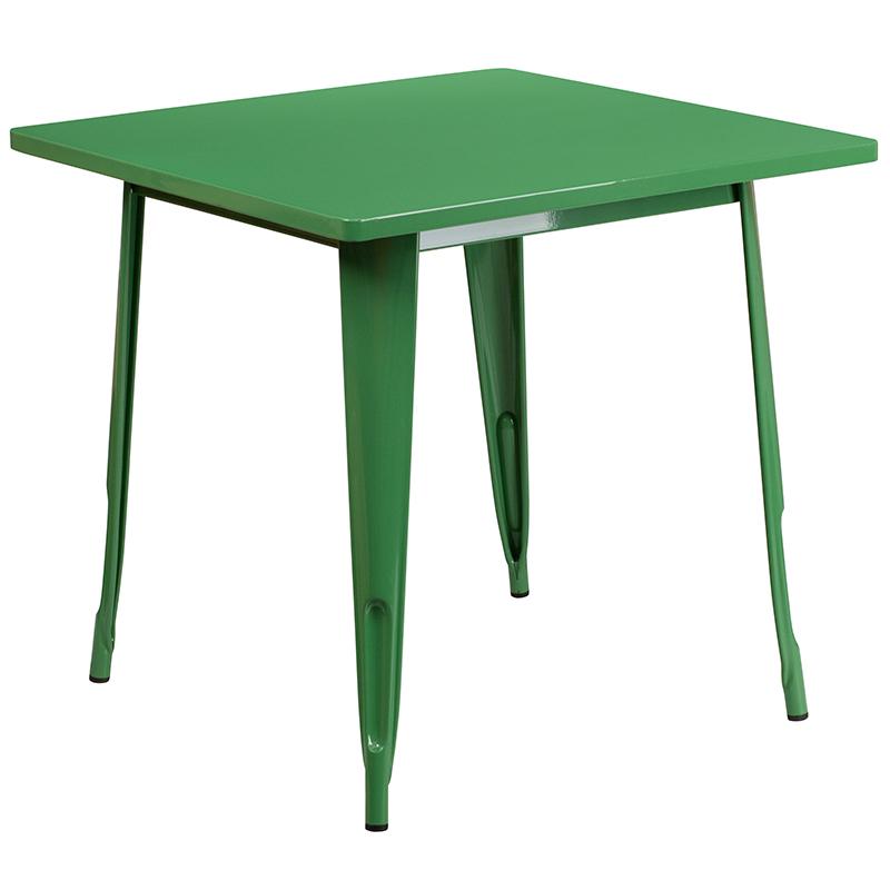 Commercial Grade 31.5" Square Green Metal Indoor-Outdoor Table Set with 4 Arm Chairs. Picture 2