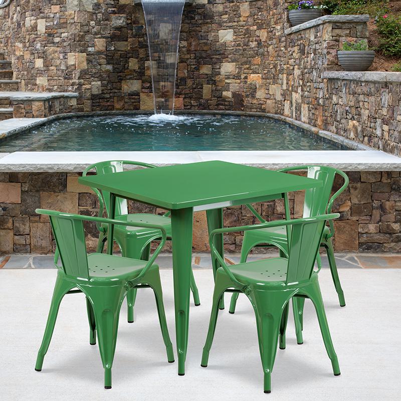 Commercial Grade 31.5" Square Green Metal Indoor-Outdoor Table Set with 4 Arm Chairs. Picture 4