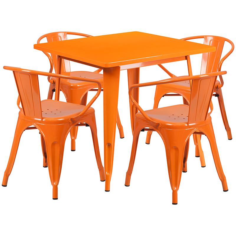 31.5'' Square Orange Metal Indoor-Outdoor Table Set with 4 Arm Chairs. Picture 2
