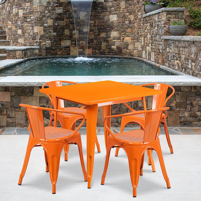 31.5'' Square Orange Metal Indoor-Outdoor Table Set with 4 Arm Chairs. The main picture.
