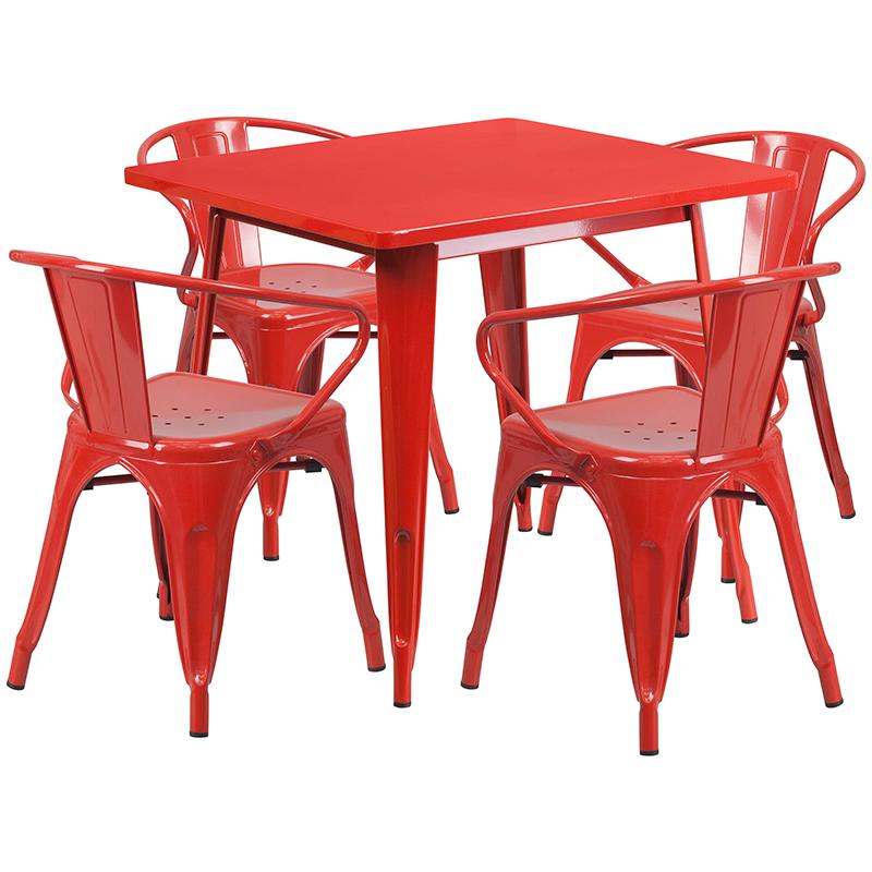 31.5'' Square Red Metal Indoor-Outdoor Table Set with 4 Arm Chairs. Picture 2