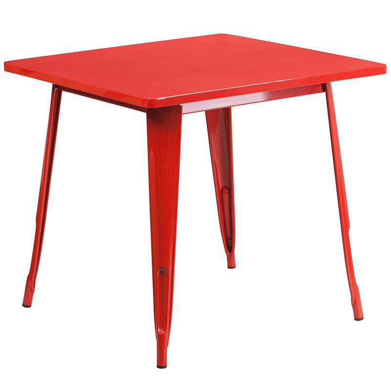 Commercial Grade 31.5" Square Red Metal Indoor-Outdoor Table Set with 4 Arm Chairs. Picture 2